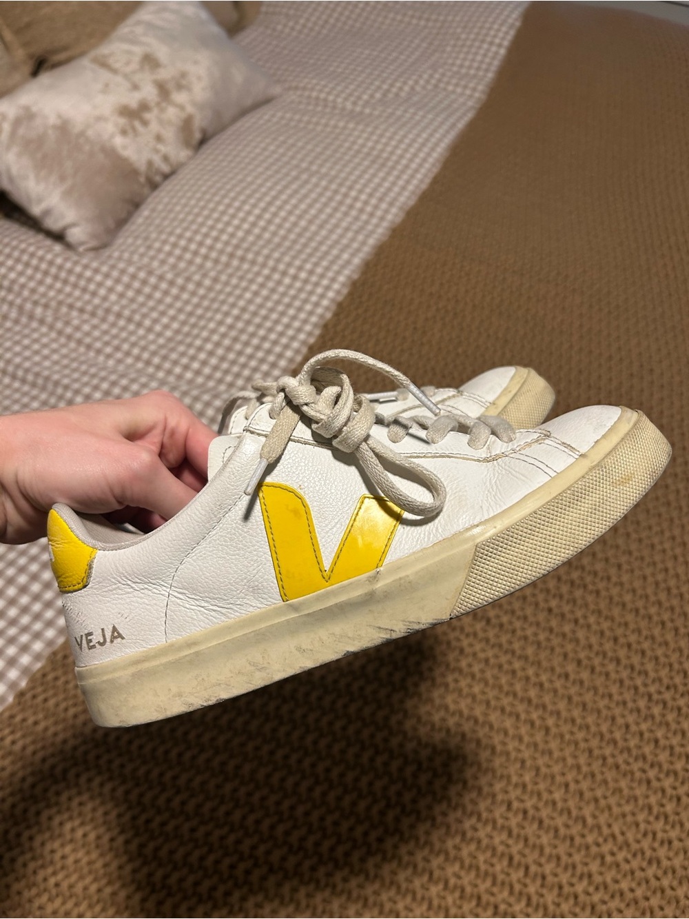 Veja White Leather Sneakers with Yellow V Accent